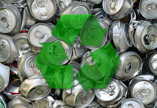 A close-up view of a large collection of used aluminium beverage cans, predominantly silver in color, piled together on a flat surface. The cans display various open and closed tops, with some showing remnants of liquid or dents, and are made of smooth, reflective aluminium material with visible pull-tab openings. The background consists of more cans stacked and overlapping, filling the entire frame to emphasize the volume of scrap metal. A prominent green recycling symbol overlays the image, indicating the importance of waste recycling and proper disposal. This visual context aligns with rubbish removal services such as those provided by Commercial Waste Balham, located within the SW London boroughs including Balham, and highlights the process of managing recyclable waste or scrap metal collection for local clients within the area.